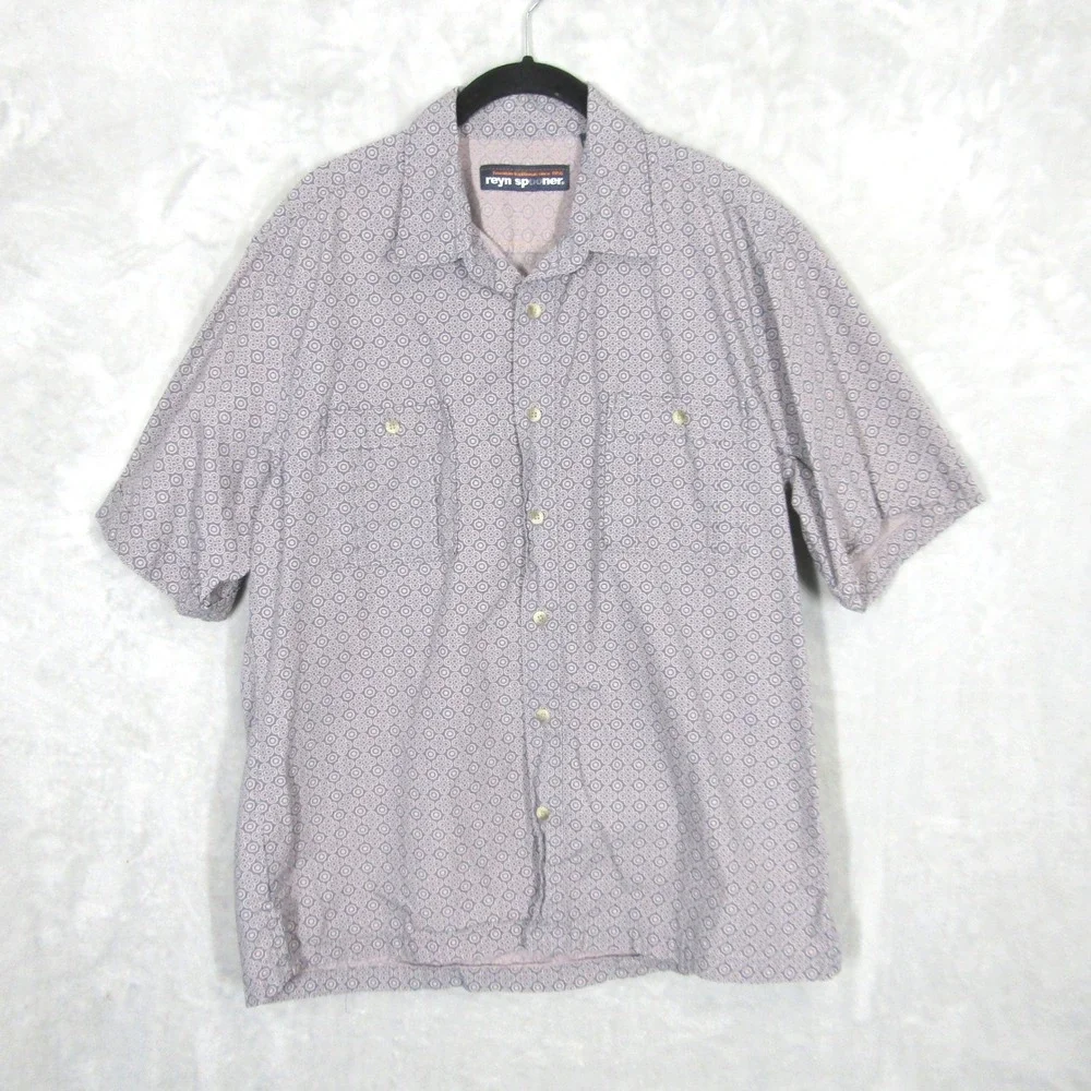 Reyn Spooner Button Up Shirt Mens Large Blue Tan Geometric Circle Print Cotton